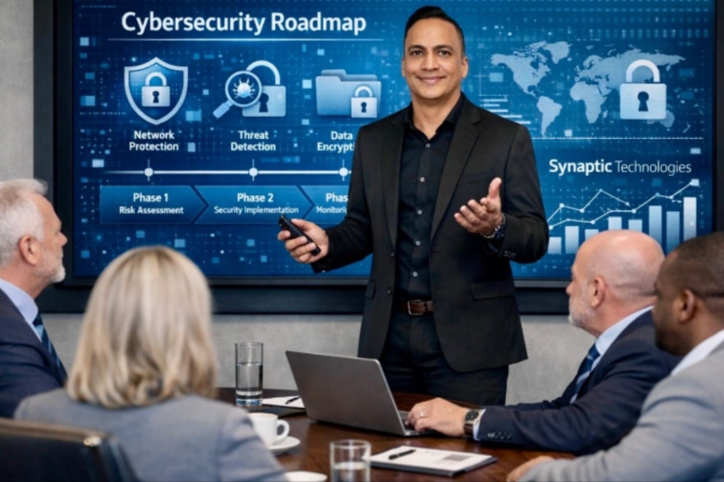 Cybersecurity roadmap showing network protection, threat detection, data encryption phases